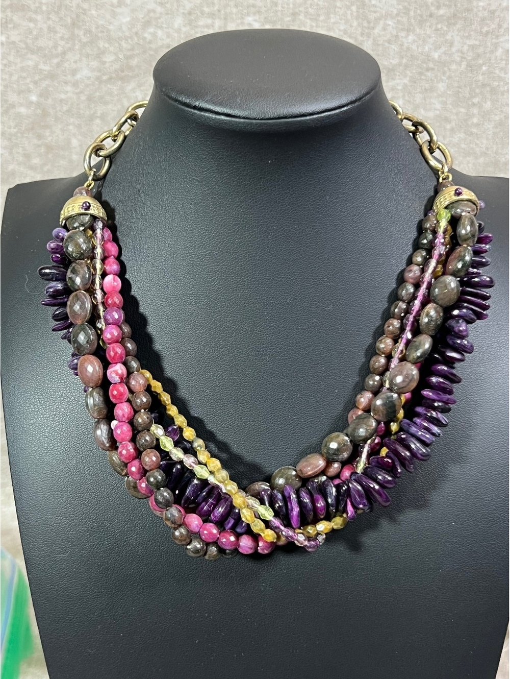 Multistrand Statement Necklace Purple Pink Mixed Stone Beads Chunky Boho 16"
